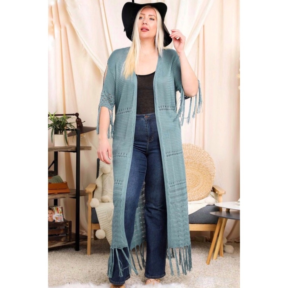 DAVI & DANI Blue Sage Half Sleeve Solid Color Cardigan with Fringe - Picture 5 of 7